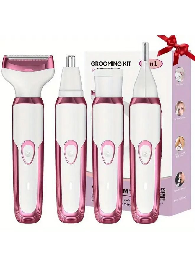 Pink 4 In 1 Women Trimmer Body Nose Eyebrow Razor USB Portable Gift - Image 1